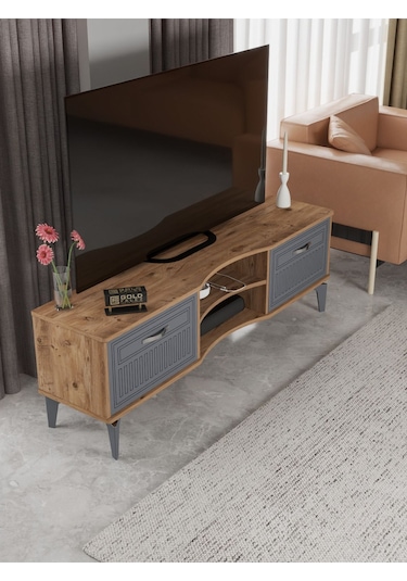 Tv Sehpası Tv Ünitesi Vera Atlantik Çam Antrasit Çizgili 5051 Kahverengi