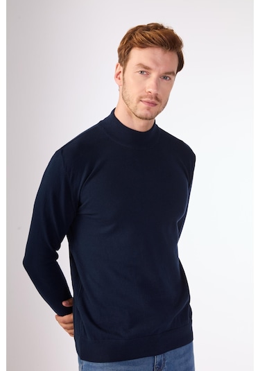 Dufy %100 Pamuk Düz Erkek Triko - Slim Fit Lacivert