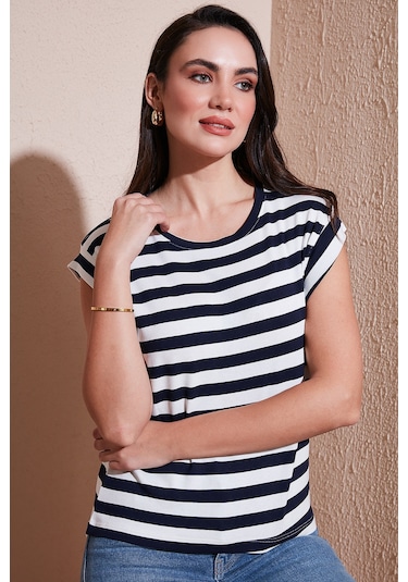 Lela Çizgili Oversize Fit Bisiklet Yaka Bayan T Shirt 5866103 Lacivert