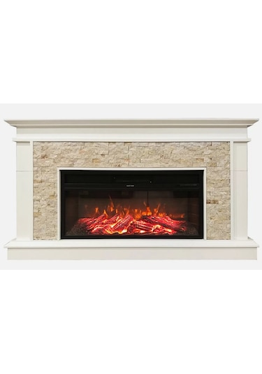 Elektrikli Şömine 1800W Doğaltaş Dekoratif Şömine Krem