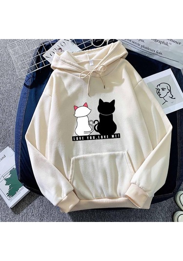 Bej 2024 Erkek Ve Kadın Sonbahar Ve Kış Çiftler Modası Artı Kadife Kapşonlu Bol Üst Bej