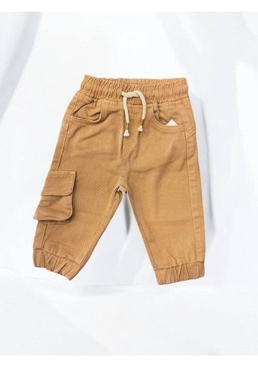 Erkek Bebek Kargo Cepli Beli Paçası Lastikli Dokuma Pantolon-14877 Kahverengi
