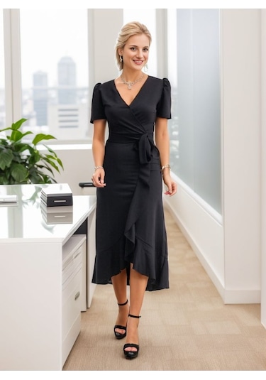 Kadın Kruvaze Yaka Midi Boy Kuşaklı Krep Elbise 120 Cm Siyah