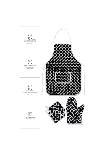 Morlay Mutfak Önlüğü Fırın Eldiveni ve Tutacak Takımı Çeyiz Seti 4'lü Siyah