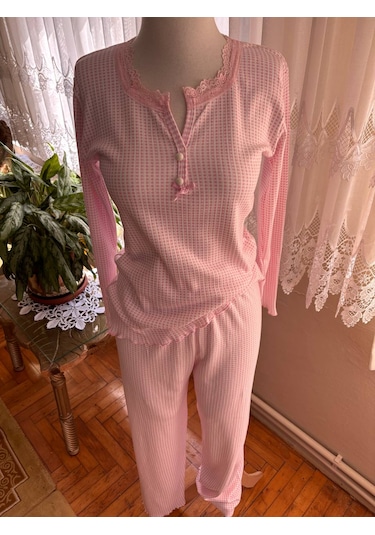 Dantel Yaka Detaylı Pamuklu Penye Kumaş Pijama Takımı Açık Pembe