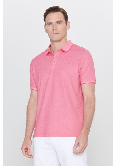 Ac&Co / Altınyıldız Classics 4A4820200047Fub3 Düğmeli Polo Yaka Cepsiz Slim Fit Erkek Tişört Fuşya - Beyaz Beyaz - Pembe
