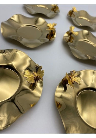6'lı Kelebekli Gold Dalgalı Model Paslanmaz Çelik Çay Tabağı, Fincan Ve Kupa Altlığı Gold