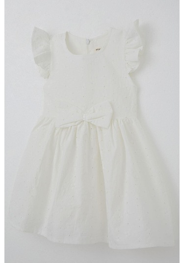 Breeze Kız Çocuk Elbise Çiçek Nakışlı Fiyonk Aksesuarlı 2-6 Yaş, Ekru Ekru
