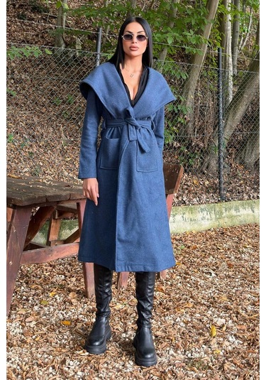 İndigo Kruvaze Yaka, Kapüşonlu, Çift Cepli, Beli Kemerli, Uzun Kaşe Kaban Astarsız İndigo