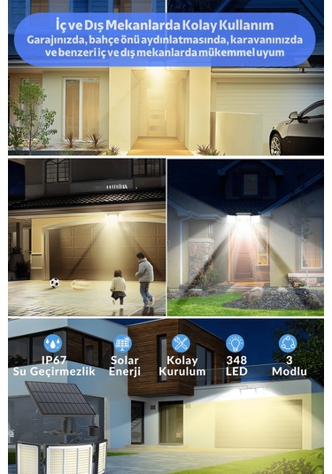 Technosmart Geniş Açılı Solar Projektör Bahçe Aydınlatma 348 Led, Kumanda Kontrollü, Sarı Işık