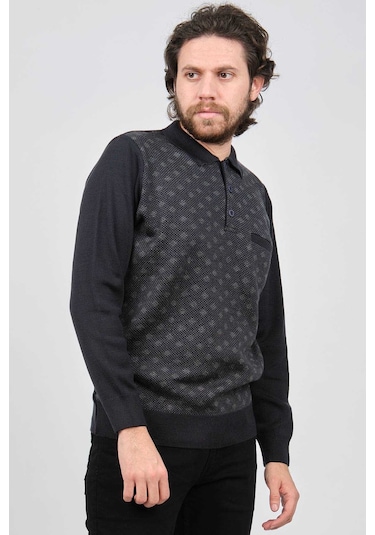 Çizgi Triko Erkek Cep Detaylı Polo Yaka Desenli Kazak 42544226 Lacivert Lacivert