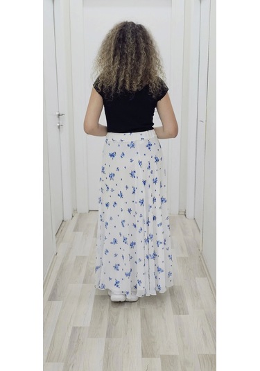 Bel Lastikli Kloş Şifon Etek 6003-beyaz/mavi Beyaz/mavi Beyaz - Mavi