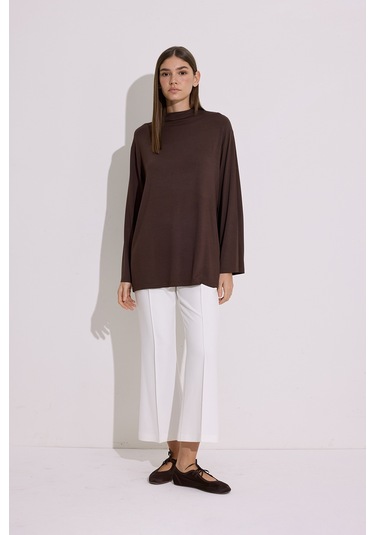 Dökümlü Uzun Kol Bluz Kahverengi Kahverengi