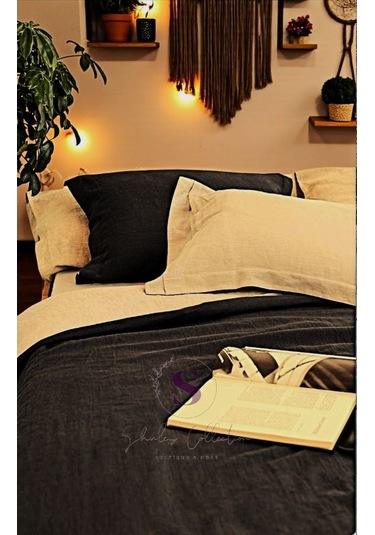 Siyah-naturel 100%100 Pamuklu Yıkamalı Vintage Çift Kişilik Nevresim Takımı, 200 X 220 Siyah