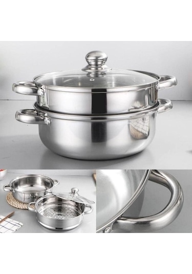 Novahub Paslanmaz Çelik Sebze Buharlı Pişirici Tava Seti - Şeffaf Gıda Ocak Pot Çift Kazanlar Sos Single-pot Tencere Seti Gümüş