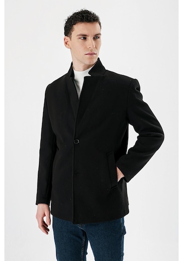 Siyah Kaşe Dik Yaka Astarlı Slim Fit Dar Kesim Casual Mont 1007235170-Siyah