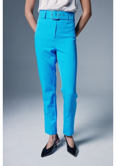 Sateen Yüksek Bel Kemerli Pantolon - Bebe Mavi-132386 Bebe Mavi