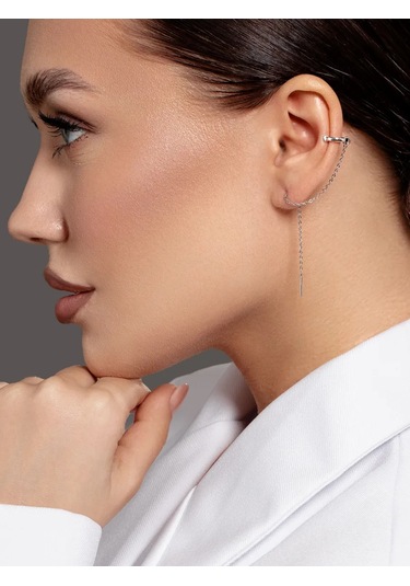 Zolotye Uzory Zincirli Tekli Kaşkol Gümüş Küpe 100030349 Gümüş