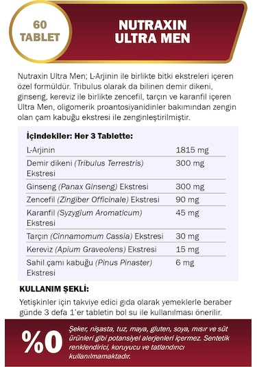 Nutraxin Ultra Men 60 Tablet - L-Arjinin, Ginseng, Zencefil, Demir dikeni, Tarçın