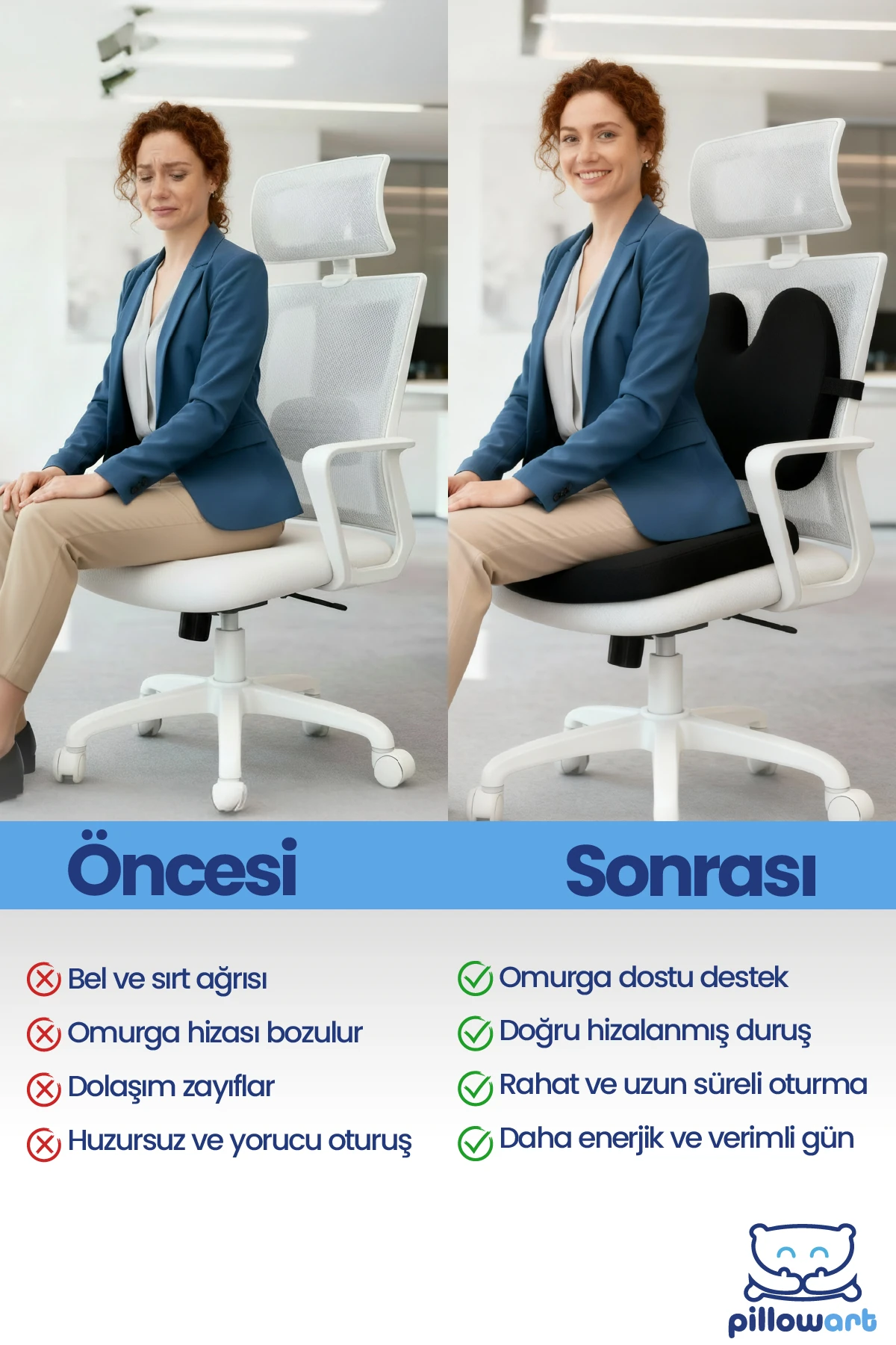 Ofis Koltuk Sandalye Bel Destek Minderi Ve Visco Oturma Minderi Siyah