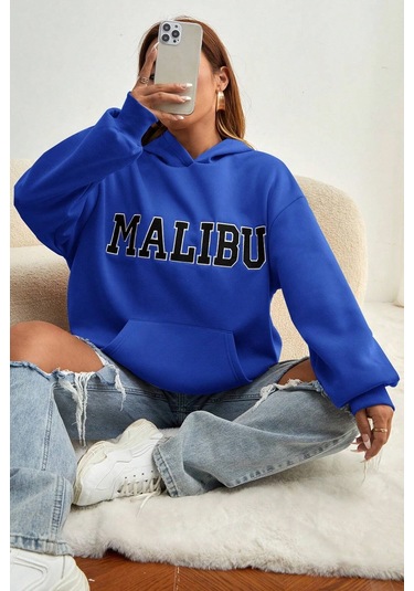 Malıbu Baskılı Oversize Sweatshirt Mavi