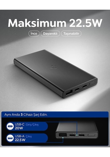 Spigen 10000 Mah Slim Alüminyum Kasa 22,5w Usb-c + Usb-a Giriş / Çıkış Hızlı Şarj 3 Portlu Powerbank / 1 Metre Type-c Harici Kablolu Taşınabilir Şarj Cihazı + Taşıma Çantası Ea2210 Black Siyah