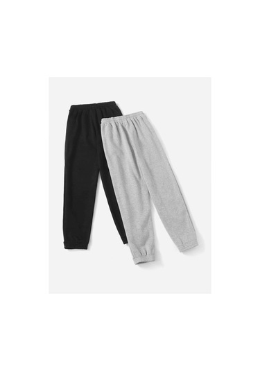 2'li Basic Düz Eşofman Altı Jogger - Siyah Ve Gri Lastik Paça Yüksel Bel Siyah Gri