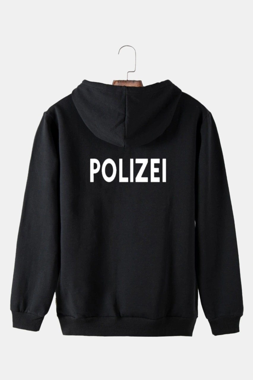 Veaven Unisex Siyah Kapüşonlu Arkası Polizei Baskılı Slim Fit Kanguru Cepli Sweatshirt Dark-beyaz