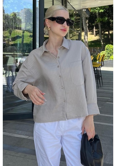 Madmext Gri Çizgili Oversize Kadın Gömlek Mg2093-gri Gri