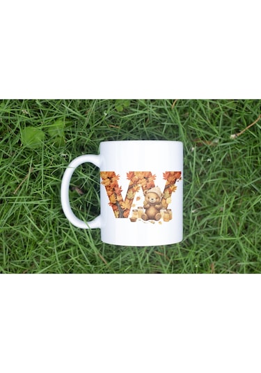 W Harf Sonbahar Yaprak Temalı Kupa Bardak - Sevimli Figürler İle Alfabe Harfli Bardak - Kişiye Özel Beyaz