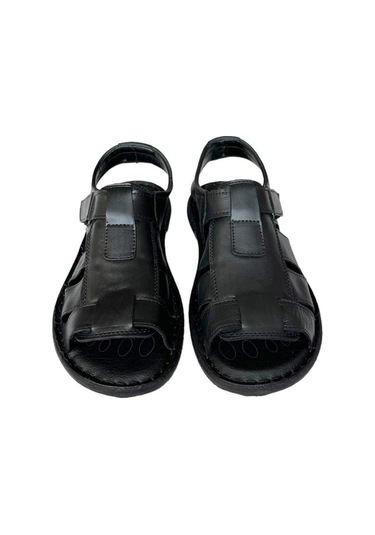 Erkek Hakiki Deri Cırtlı Sandalet Siyah-siyah Siyah