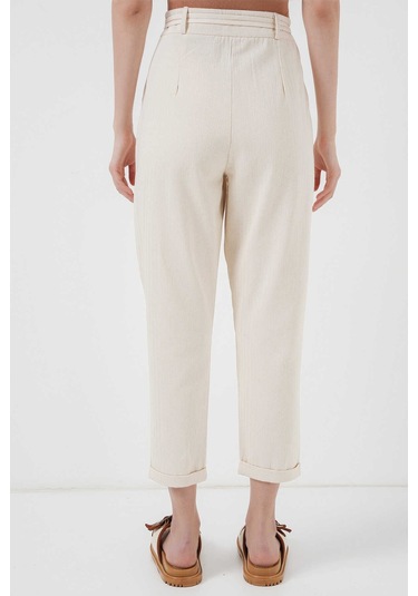 Gabria Kemerli Duble Paça Keten Pantolon Krem