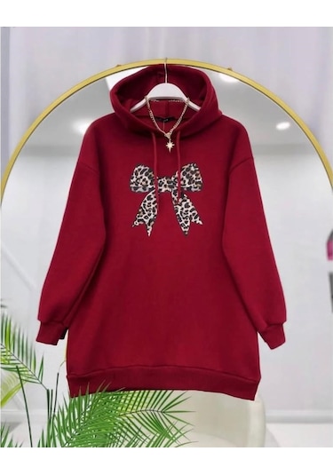 Lovie Moda Kadın Leopar Fiyonk Baskılı Sweatshirt Bordo