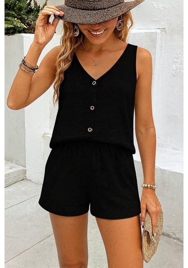 The İstanbul Kadın Askılı Kolsuz V Yakalı Önden Düğmeli Bürümcük Bluz Ve Short Ikili Takım Siyah