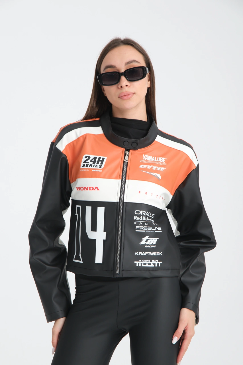 Kadın Oversize Baskılı Deri Şeritli Motorcu Montu Garnili Fermuarlı Yarışçı Ceketi Bomber Kolej Mont Oranj