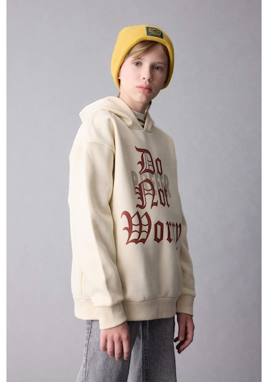 Defacto Erkek Çocuk Oversize Geniş Kalıp Kapüşonlu Yazı Baskılı Kalın Sweatshirt D1908A824WNBG759