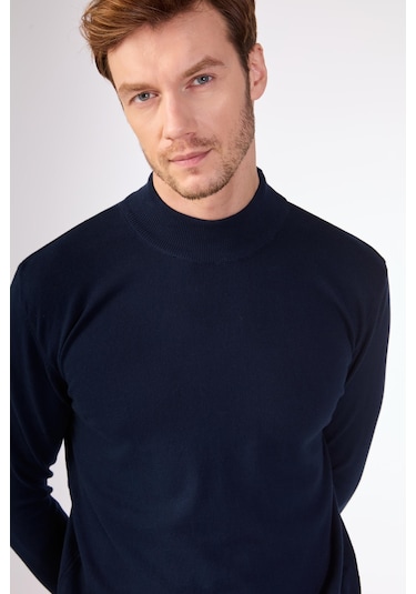 Dufy %100 Pamuk Düz Erkek Triko - Slim Fit Lacivert