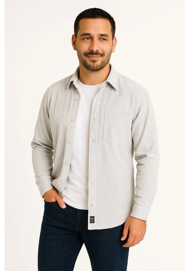 Erkek Fitilli Kadife Cepli Gömlek Oversize Rahat Kalıp - Gri Gri