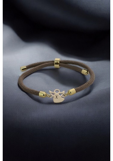 Archin X Harfine Özel Mevlana Figürlü Kahverengi Örgülü 14 Ayar Altın Plakalı Hediye Bileklik-335harf Altın
