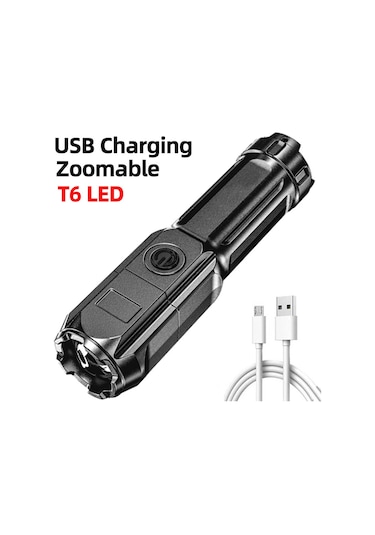 Led Şarj Edilebilir El Feneri Mini El Yakınlaştırılabilir Siyah Siyah