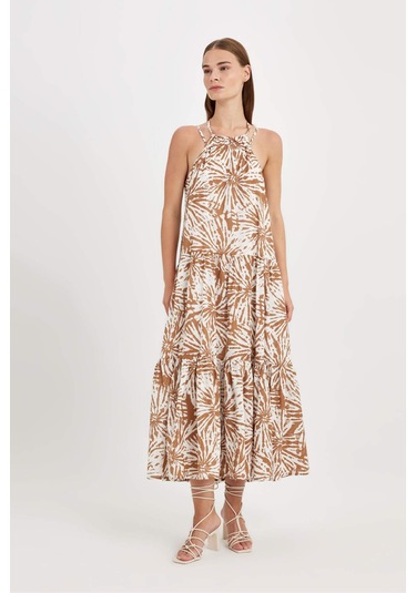 Defacto A Kesim Halter Yaka Desenli Vual Kolsuz Maxi Elbise D4155AX24HSER105