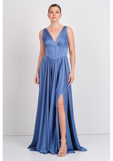 Doridorca Kadın Derin V Yaka Sırttan Bağlamalı Maxi Abiye Elbise 7091 Indigo İndigo