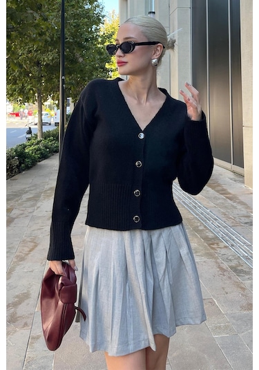 Madmext Siyah Düğmeli Fitil Detaylı Triko Hırka Mg2199 Siyah