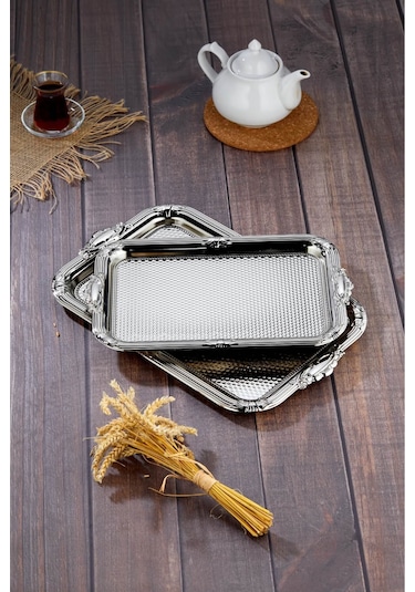Cooker 2'li Metal Dikdörtgen Gümüş Sunum Tepsisi 43x30 Cm Ve 36x26 Cm Ckr3331 Diğer