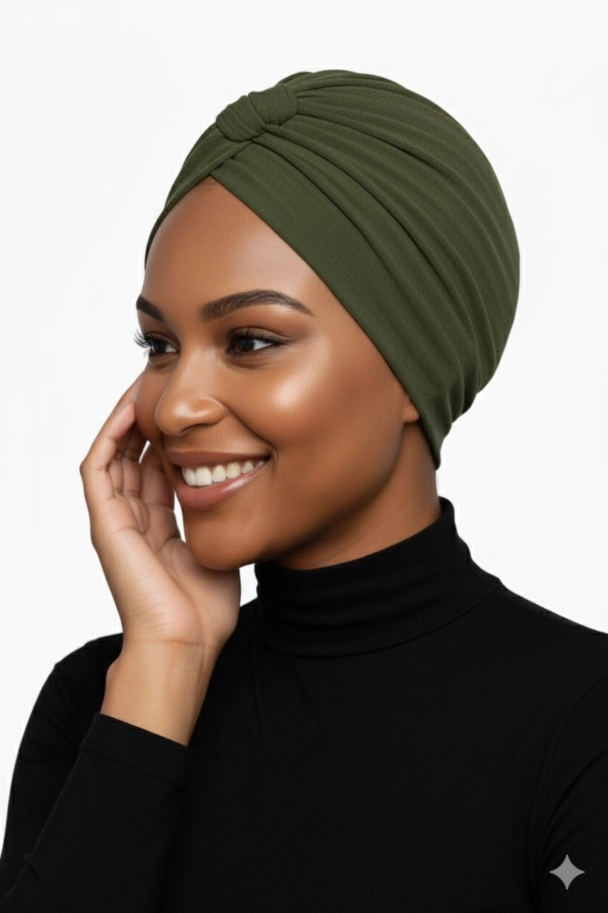 Pamuklu Bantlı Çapraz Astarlı Haki Hazır Türban Tesettür Havuz Bonesi Haki