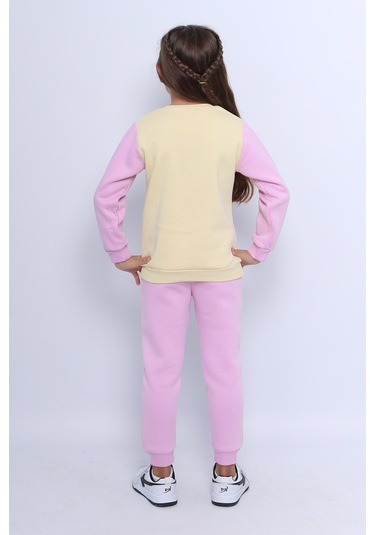 Kız Çocuk 3 İplik Eşofman Takımı Kedi Baskılı E4 LİLA