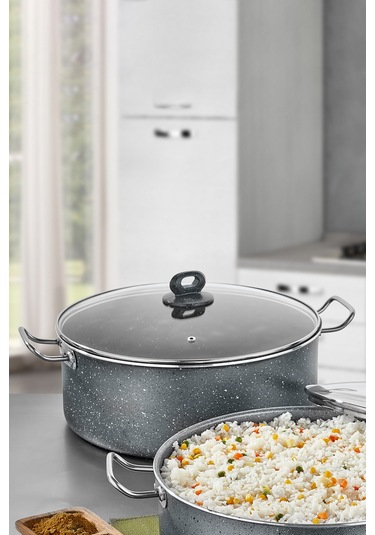 Polochef Megatron Granit Derin Pilav,karnıyarık Tencere Kapaklı Yanmaz Yapışmaz 36 Cm Gri Gri
