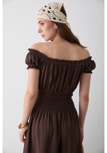 Kahverengi Büzgülü Elbise - 2002 Kahverengi