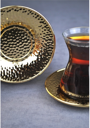 Qualitev 6 Adet Metal Çay Tabağı Dövme Desenli Çay Tabak 10 Cm Altın