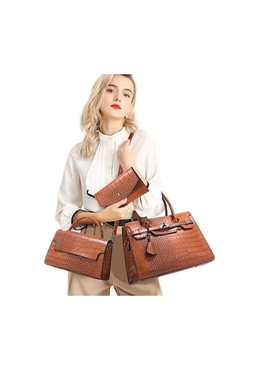 Wondernest Çapraz Desenli Timsah Baskı Tote Çanta 3'ü 1 Arada, Büyük Kapasiteli Kahverengi Kahverengi